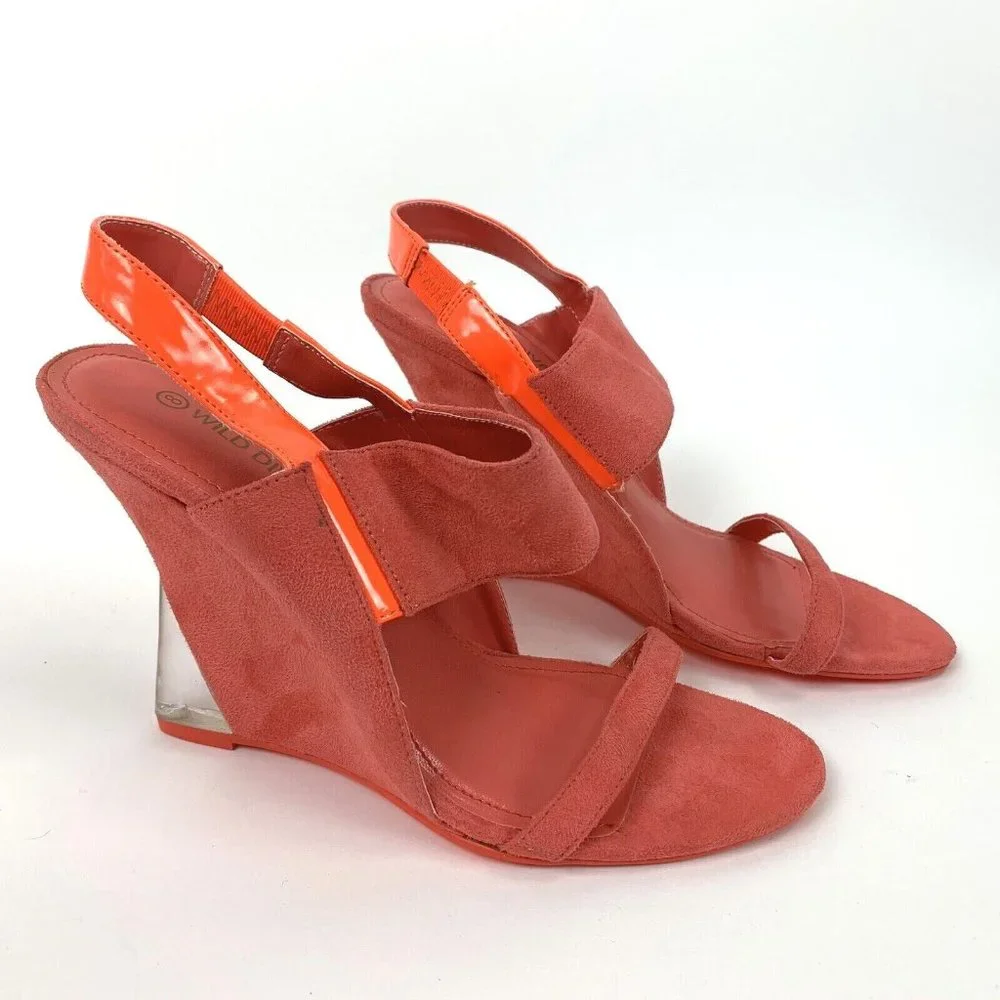 Wild Diva Platform Wedge Sandals USA 8 Orange with Neon Details NWOB